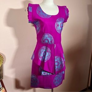 Vintage Handmade Hawaiian Magenta Ethnic Print Peplum wiggle Dress